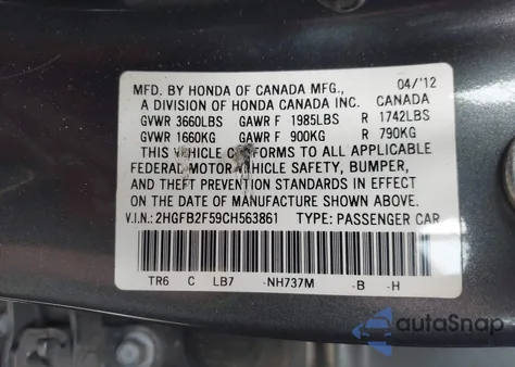 2012 Honda Civic Lx z USA, uszkodzony, nr VIN 2HGFB2F59CH563861